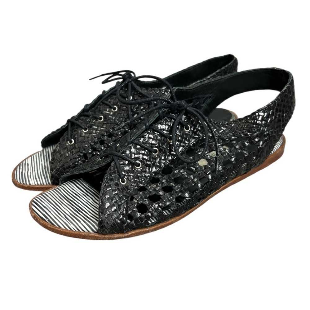 Miista black woven leather lace up slingback flat sandals